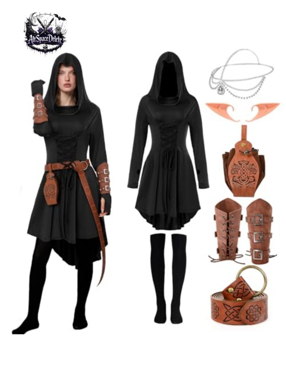 7PC Renaissance Fairy Costume Medieval Elf Hooded Dress Belt Pouch Arm Guards